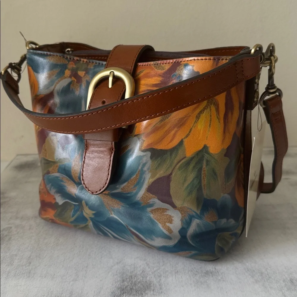 Patricia Nash Irving Bucket Handbag Leather Disstressed  Marigold Harvest Floral